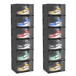 SOGA 2X 6 Tier Black Portable Shoe Organiser Sneaker Footwear Folding Plastic Bin Stackable Storage Box with Magnetic Door