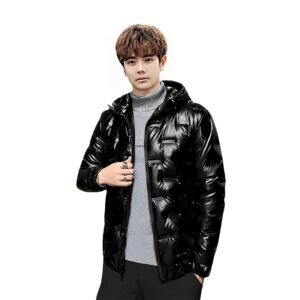 abbee Black Large Winter Hooded Glossy Down Jacket Stylish Lightweight Quilted Warm Puffer Coat