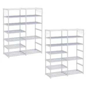 SOGA 2X 12-Shelf Tier Shoe Storage Shelf Space-Saving Caddy Rack Organiser with Side Hooks White