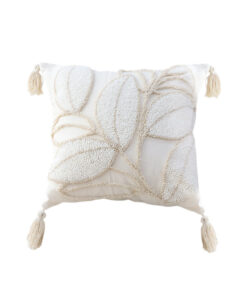 SOGA 45cm Wabi-sabi Cream Flower Cover & Beige Velvet Leaf Ring Square Throw Pillow