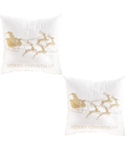 SOGA 2X 45cm Throw Pillow White with Golden Christmas Sleigh Design Festive Holiday Square Cushion Decor