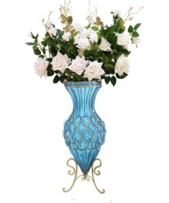 SOGA 67cm Blue Glass Tall Floor Vase and 12pcs White Artificial Fake Flower Set