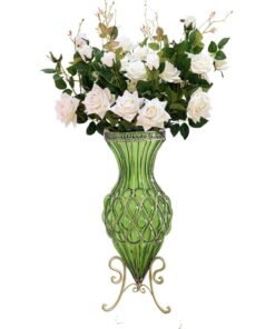SOGA 67cm Green Glass Tall Floor Vase and 12pcs White Artificial Fake Flower Set