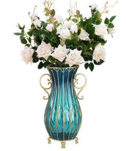 SOGA 51cm Blue Glass Tall Floor Vase with 12pcs White Artificial Fake Flower Set