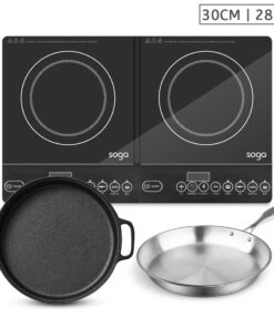SOGA Dual Burners Cooktop Stove, 30cm Cast Iron Frying Pan Skillet and 28cm Induction Fry Pan