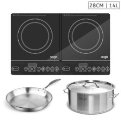 SOGA Dual Burners Cooktop Stove, 14L Stainless Steel Stockpot and 28cm Induction Fry Pan