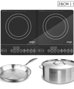 SOGA Dual Burners Cooktop Stove, 14L Stainless Steel Stockpot and 28cm Induction Fry Pan