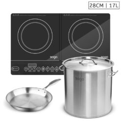 SOGA Dual Burners Cooktop Stove, 17L Stainless Steel Stockpot and 28cm Induction Fry Pan