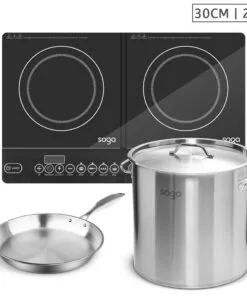 SOGA Dual Burners Cooktop Stove, 21L Stainless Steel Stockpot 30cm and 30cm Induction Fry Pan