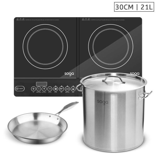 SOGA Dual Burners Cooktop Stove, 21L Stainless Steel Stockpot 30cm and 30cm Induction Fry Pan