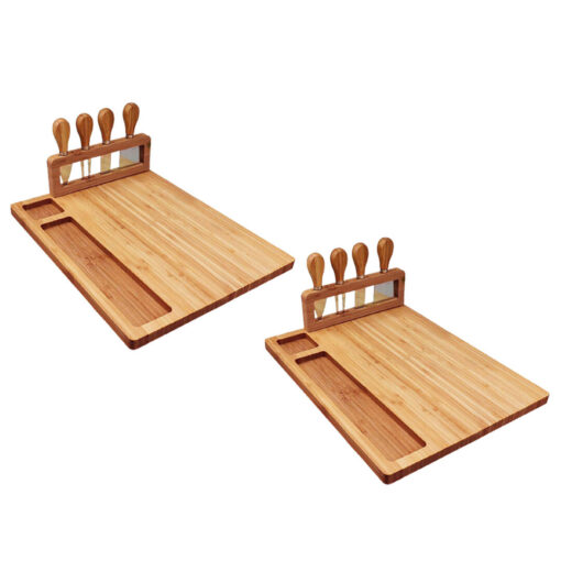 1-SOGA 2X 36cm Brown Rectangular Wood Cheese Board Charcuterie Serving Tray with Knife Set Countertop Decor
