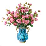 1-SOGA Blue Colored Glass Flower Vase with 10 Bunch 6 Heads Artificial Fake Silk Rose Home Decor Set