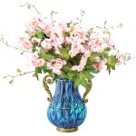 1-SOGA Blue Colored Glass Flower Vase with 8 Bunch 3 Heads Artificial Fake Silk Hibiscus Home Decor Set