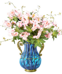 1-SOGA Blue Colored Glass Flower Vase with 8 Bunch 3 Heads Artificial Fake Silk Hibiscus Home Decor Set