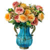 1-SOGA Blue Colored Glass Flower Vase with 4 Bunch 11 Heads Artificial Fake Silk Rose Home Decor Set