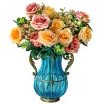 1-SOGA Blue Colored Glass Flower Vase with 4 Bunch 11 Heads Artificial Fake Silk Rose Home Decor Set