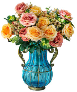 1-SOGA Blue Colored Glass Flower Vase with 4 Bunch 11 Heads Artificial Fake Silk Rose Home Decor Set