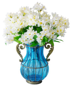 1-SOGA Blue Colored Glass Flower Vase with 10 Bunch 6 Heads Artificial Fake Silk Lilium nanum Home Decor Set