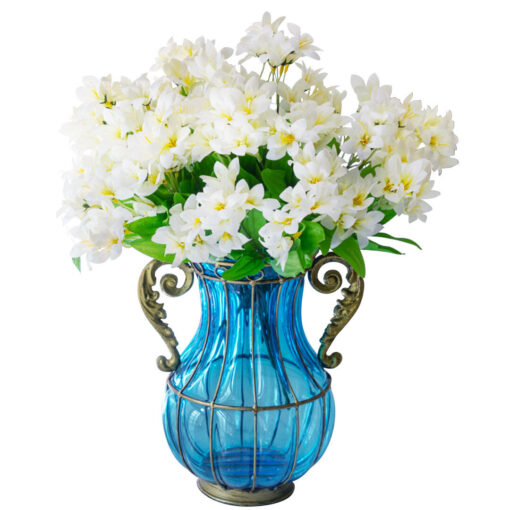 1-SOGA Blue Colored Glass Flower Vase with 10 Bunch 6 Heads Artificial Fake Silk Lilium nanum Home Decor Set