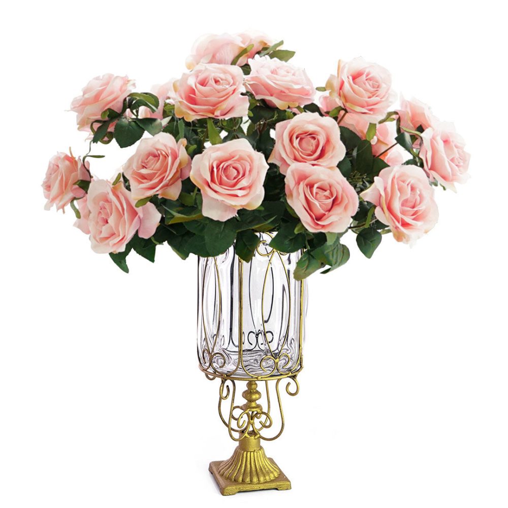 1-SOGA Clear Glass Cylinder Flower Vase with 4 Bunch 9 Heads Artificial Fake Silk Rose Home Decor Set
