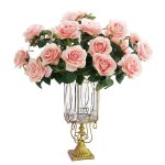 1-SOGA Clear Glass Cylinder Flower Vase with 4 Bunch 9 Heads Artificial Fake Silk Rose Home Decor Set