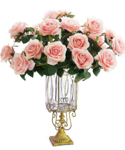 1-SOGA Clear Glass Cylinder Flower Vase with 4 Bunch 9 Heads Artificial Fake Silk Rose Home Decor Set