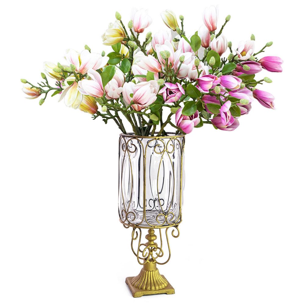 1-SOGA Clear Glass Cylinder Flower Vase with 6 Bunch 4 Heads Artificial Fake Silk Magnolia denudata Home Decor Set