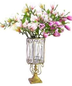 1-SOGA Clear Glass Cylinder Flower Vase with 6 Bunch 4 Heads Artificial Fake Silk Magnolia denudata Home Decor Set
