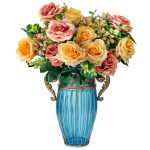 1-SOGA Blue Colored Glass Flower Vase with 4 Bunch 11 Heads Artificial Fake Silk Rose Home Decor Set