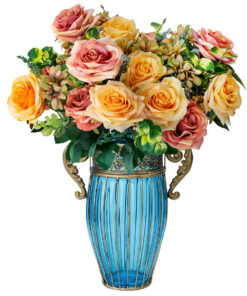 1-SOGA Blue Colored Glass Flower Vase with 4 Bunch 11 Heads Artificial Fake Silk Rose Home Decor Set