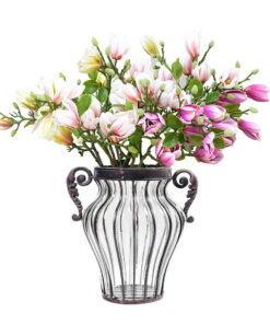 1-SOGA Clear Glass Flower Vase with 6 Bunch 4 Heads Artificial Fake Silk Magnolia denudata Home Decor Set