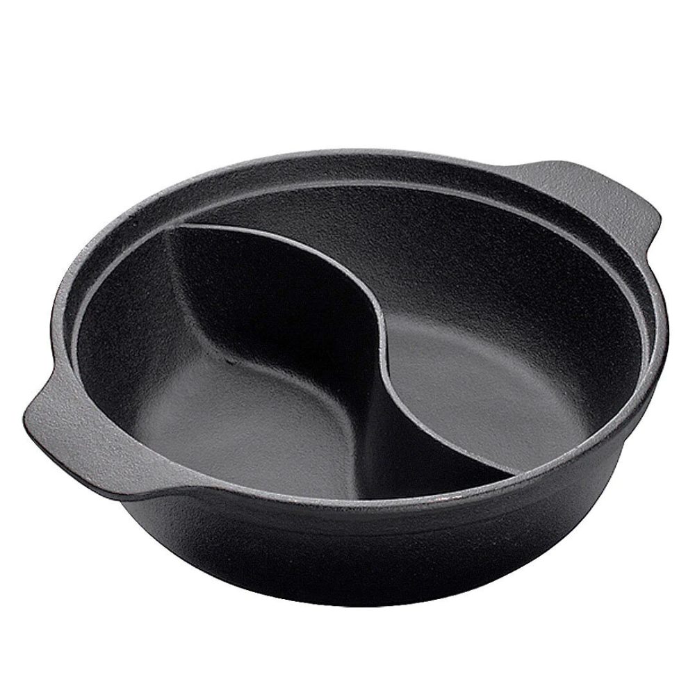 1-SOGA 32CM Round Cast Iron Shabu Shabu Hotpot Beef Chicken Stew Wok Two-Flavor Division