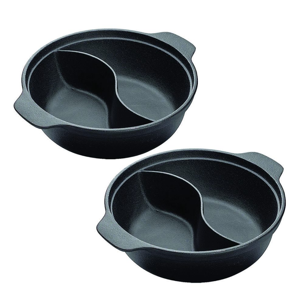 1-SOGA 2X 32CM Round Cast Iron Shabu Shabu Hotpot Beef Chicken Stew Wok Two-Flavor Division