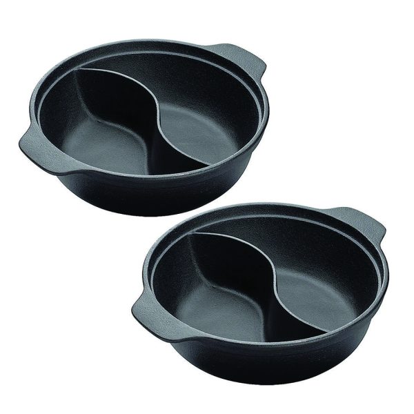 1-SOGA 2X 32CM Round Cast Iron Shabu Shabu Hotpot Beef Chicken Stew Wok Two-Flavor Division