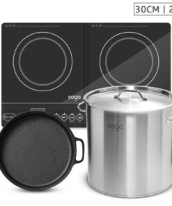 SOGA Dual Burners Cooktop Stove, 30cm Cast Iron Skillet and 21L Stainless Steel Stockpot 30cm