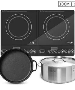 SOGA Dual Burners Cooktop Stove, 30cm Cast Iron Skillet and 14L Stainless Steel Stockpot