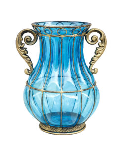 1-SOGA Blue Colored European Glass Home Decor Flower Vase with Two Metal Handle