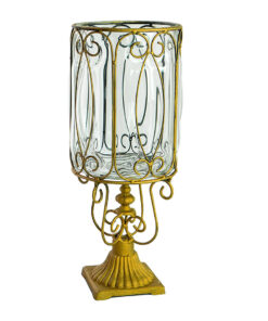 1-SOGA European Clear Glass Cylinder Flower Vase Solid Base with Gold Metal Pattern