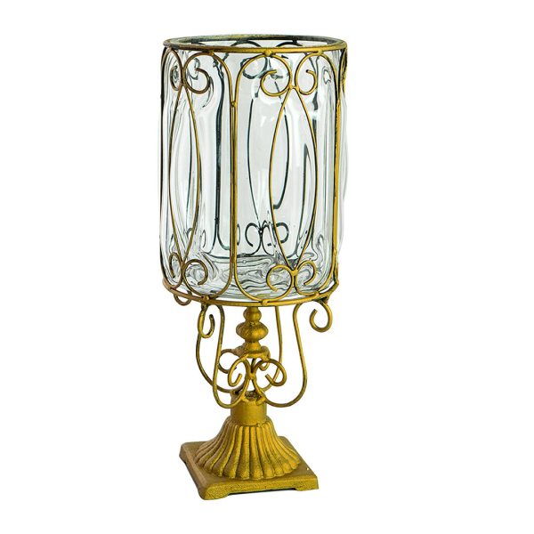 1-SOGA European Clear Glass Cylinder Flower Vase Solid Base with Gold Metal Pattern