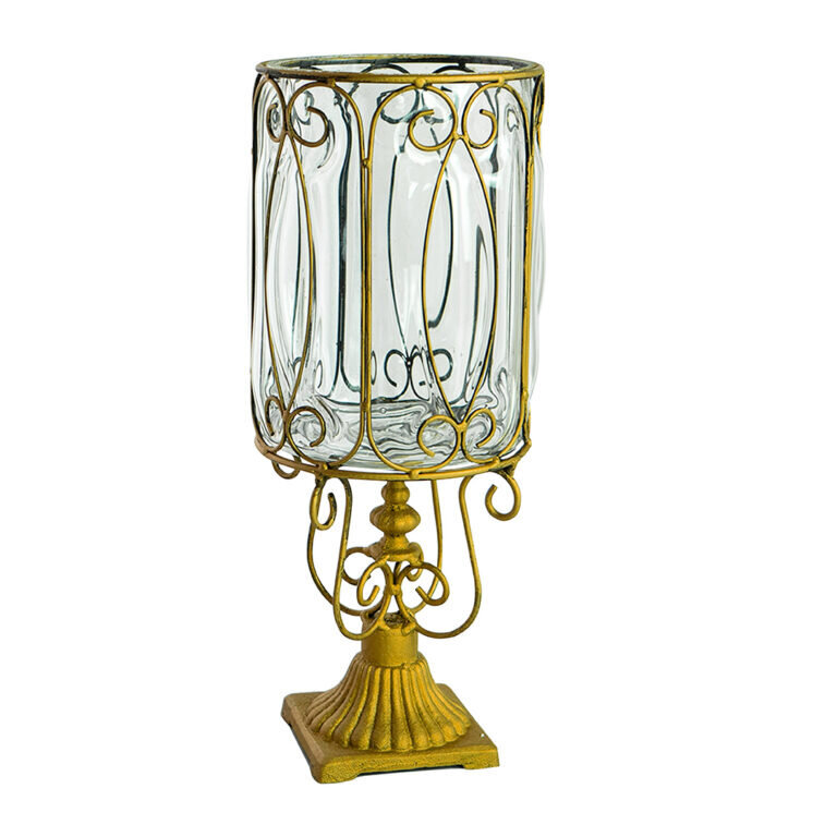 1-SOGA European Clear Glass Cylinder Flower Vase Solid Base with Gold Metal Pattern
