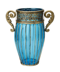 1-SOGA Blue European Colored Glass Home Decor Jar Flower Vase with Two Metal Handle