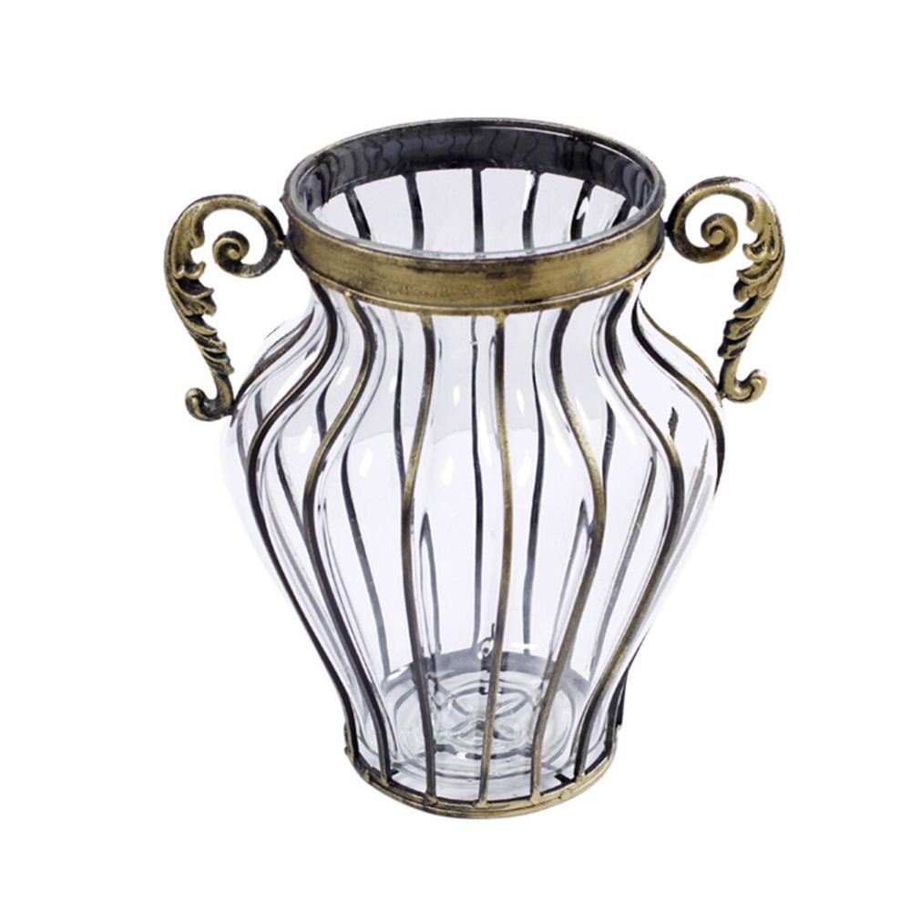 1-SOGA Clear European Glass Home Decor Flower Vase with Two Metal Handle