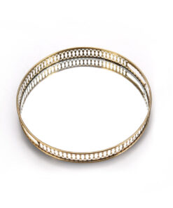 1-SOGA 32cm Gold Round Ornate Mirror Glass Metal Tray Vanity Makeup Perfume Jewelry Organiser with Handles