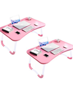SOGA 2X Pink Portable Bed Table Adjustable Folding Mini Desk Notebook Stand Card Slot Holder with Cup-Holder Home Decor