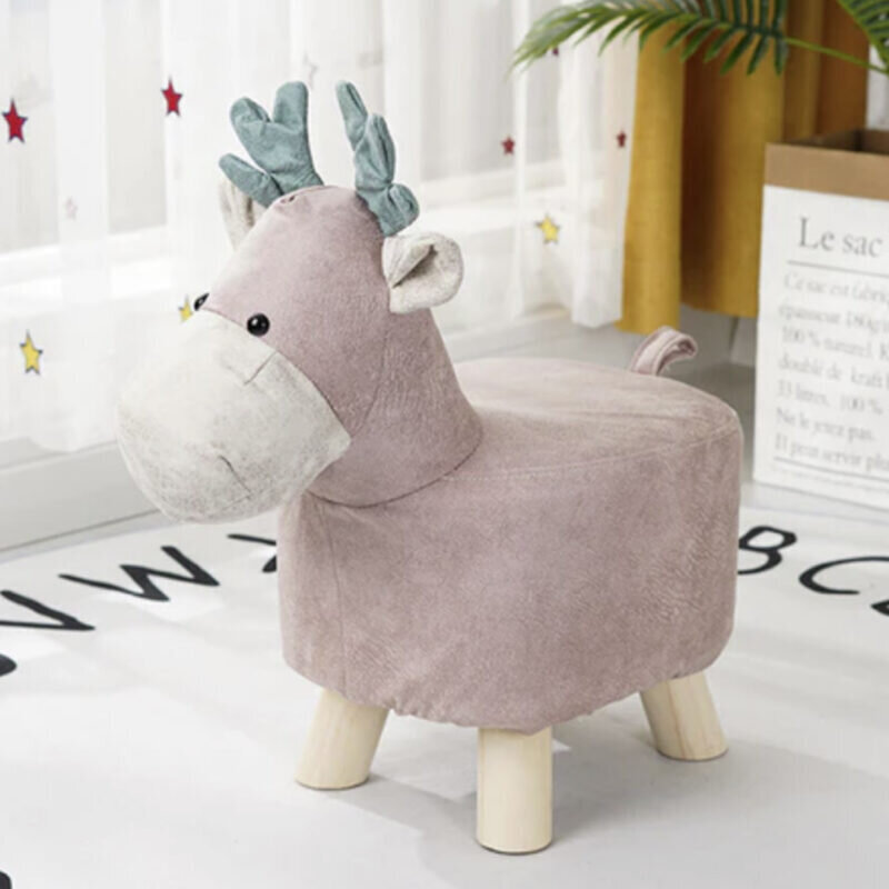 SOGA 2X Pink Children Bench Deer Character Round Ottoman Stool Soft Small Comfy Seat Home Decor - Image 2