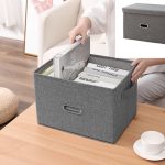 2-SOGA Grey Medium Foldable Canvas Storage Box Cube Clothes Basket Organiser Home Decorative Box