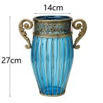 2-SOGA Blue Colored Glass Flower Vase with 4 Bunch 11 Heads Artificial Fake Silk Rose Home Decor Set