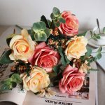 3-SOGA Blue Colored Glass Flower Vase with 4 Bunch 11 Heads Artificial Fake Silk Rose Home Decor Set