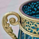 4-SOGA Blue Colored Glass Flower Vase with 4 Bunch 11 Heads Artificial Fake Silk Rose Home Decor Set