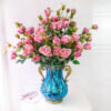 6-SOGA Blue Colored Glass Flower Vase with 10 Bunch 6 Heads Artificial Fake Silk Rose Home Decor Set